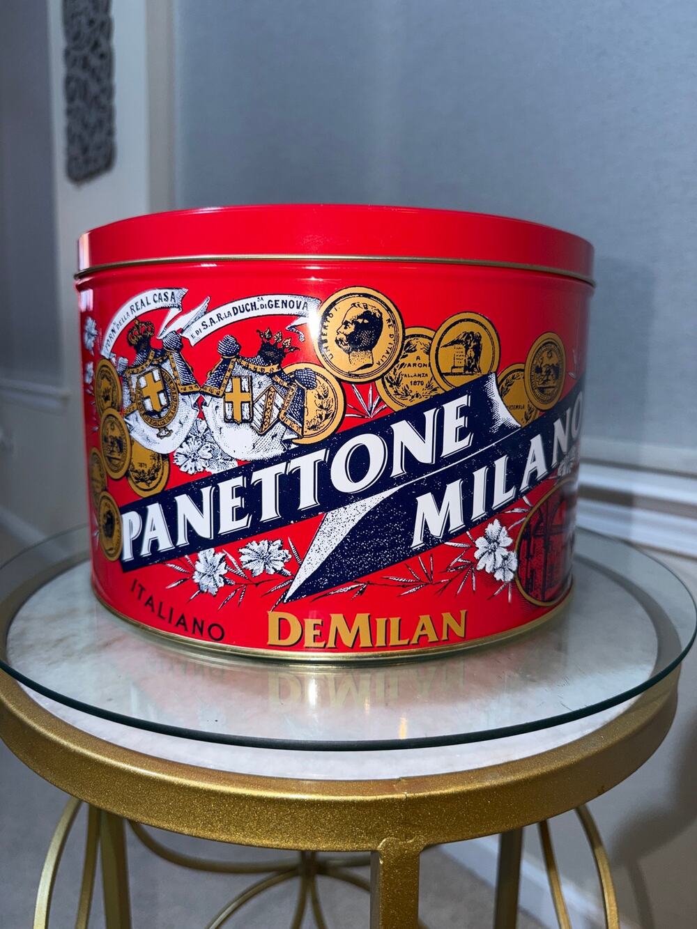 De Milan Panettone Milano Italian Red Metal Tin Empty Decorative Storage